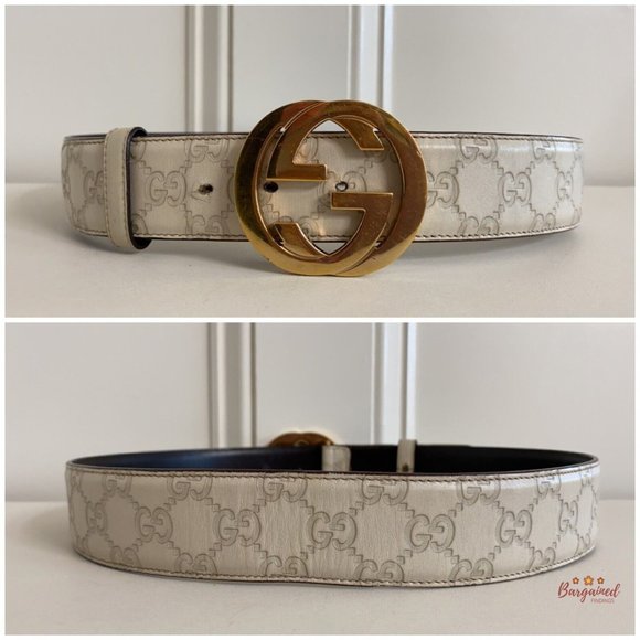 Authentic Gucci Cream Guccissima Leather Gold Interlocking G Buckle Belt 80/32 - Picture 6 of 12